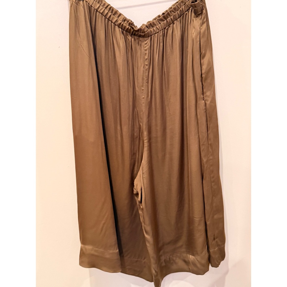 Anthropologie Moss Brown Satin Wide Leg Cropped Pants XL Paperbag Waist NEW - Picture 2 of 8